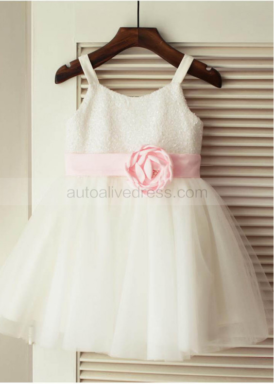 Thin Straps Ivory Sequin Tulle Knee Length Flower Girl Dress With Pink Flower Sash